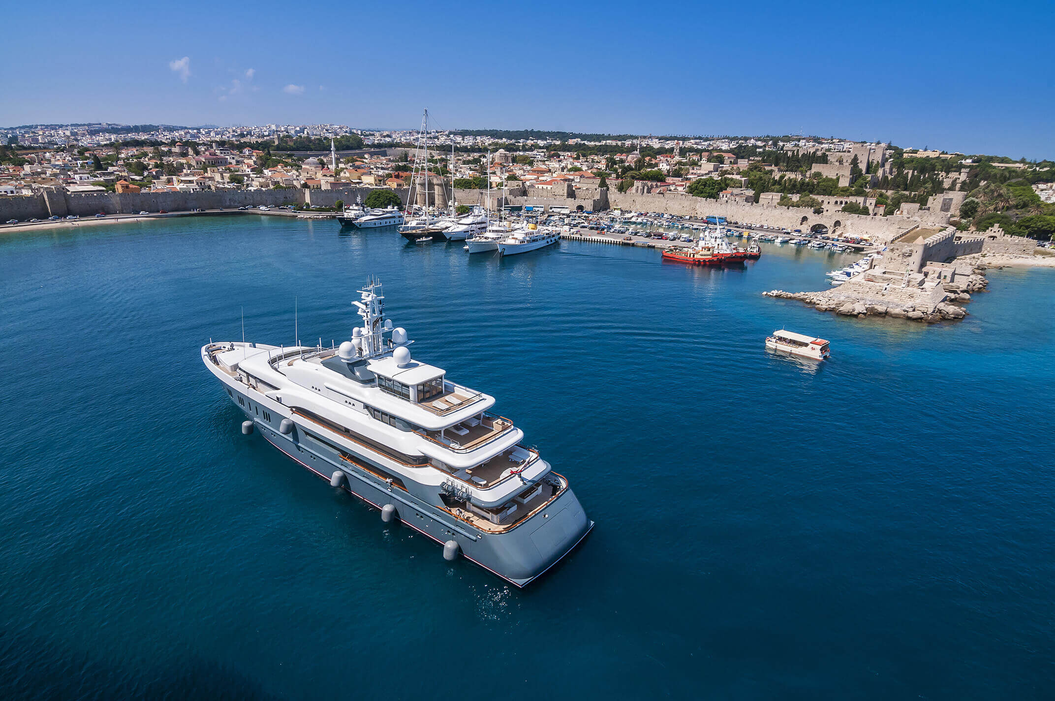 Diesel engine powered commercial marine vessel at anchor in Rhodes.
